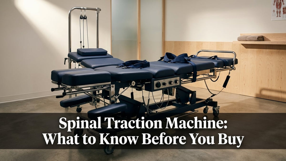 Cinematic shot of a navy blue clinical spinal traction table in a clean, minimalist professional treatment room