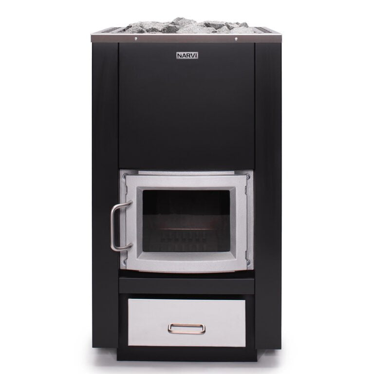 Narvi 30/50 Wood-Burning Sauna Heater showcasing its sturdy design and elegant black finish, perfect for spaces up to 2,472 cu. ft.