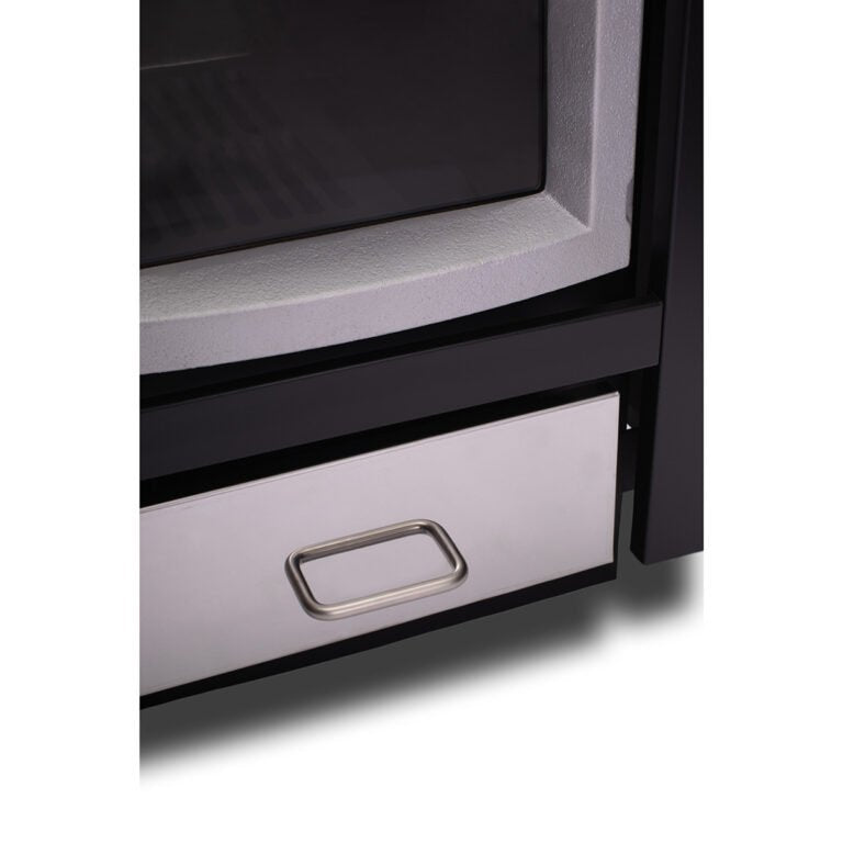 Narvi 30/50 Wood-Burning Sauna Heater in a sauna setting, showcasing its heavy-duty steel design and elegant black finish.