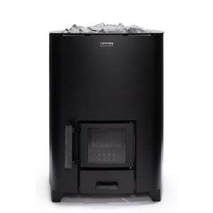 Narvi NC Black 17kW Wood-Burning Sauna Heater with durable steel construction and adjustable feet, perfect for traditional and modern sauna setups.