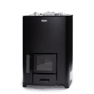Narvi NC Black 17kW Wood-Burning Sauna Heater showcasing durable steel design, perfect for a cozy sauna experience.