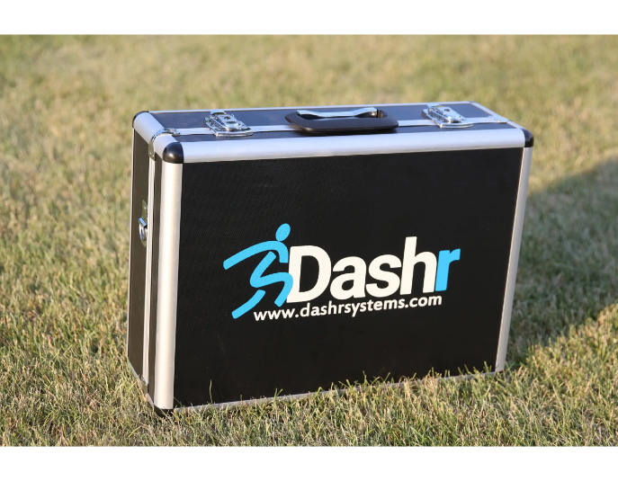 Dashr 3-Gate Wireless Timing System's complete kit including tripods, laser modules, and durable case for portability.