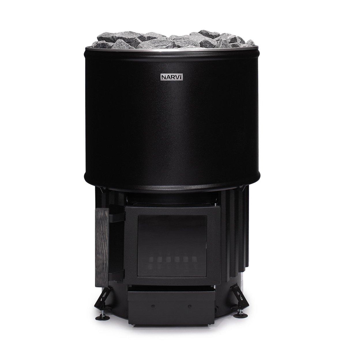 Stylish Narvi Luosto 16kW Wood-Burning Sauna Heater for rooms ranging from 283 to 706 cu. ft., featuring a modern design with black steel casing and a glass door for premium sauna experiences.