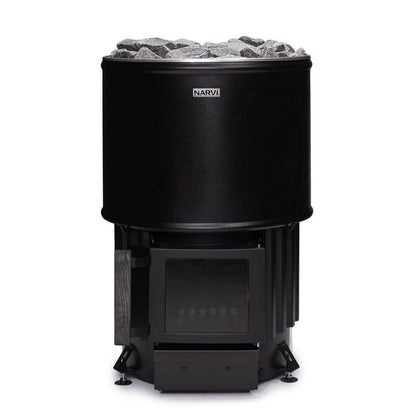Stylish Narvi Luosto 16kW Wood-Burning Sauna Heater for rooms ranging from 283 to 706 cu. ft., featuring a modern design with black steel casing and a glass door for premium sauna experiences.