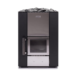 Narvi Kuru 16kW Wood-Burning Sauna Heater Stove in black steel design, made in Finland, showcasing its stylish look and wooden handles for a perfect sauna experience.