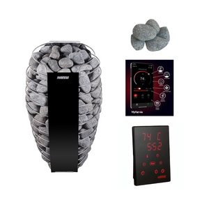 Harvia Spirit SP60E 6kW Electric Sauna Heater with Wi-Fi for up to 294 Cu. Ft., combining elegance and functionality in a sleek black design.