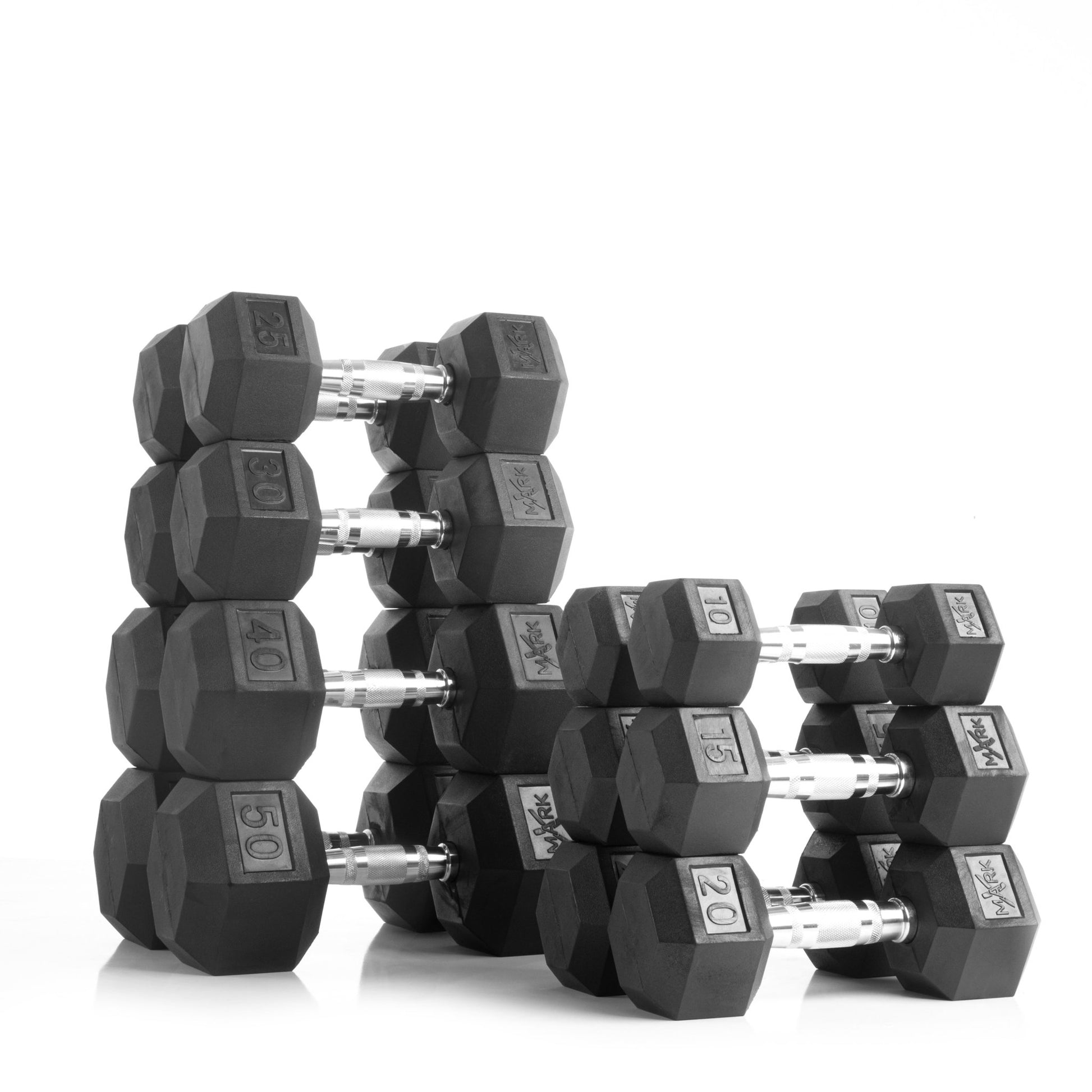 XMark 10 to 50 lbs. Rubber Hex Dumbbell Pairs Includes 2-Tier Storage Rack -  product_vendor - Peak Primal Wellness