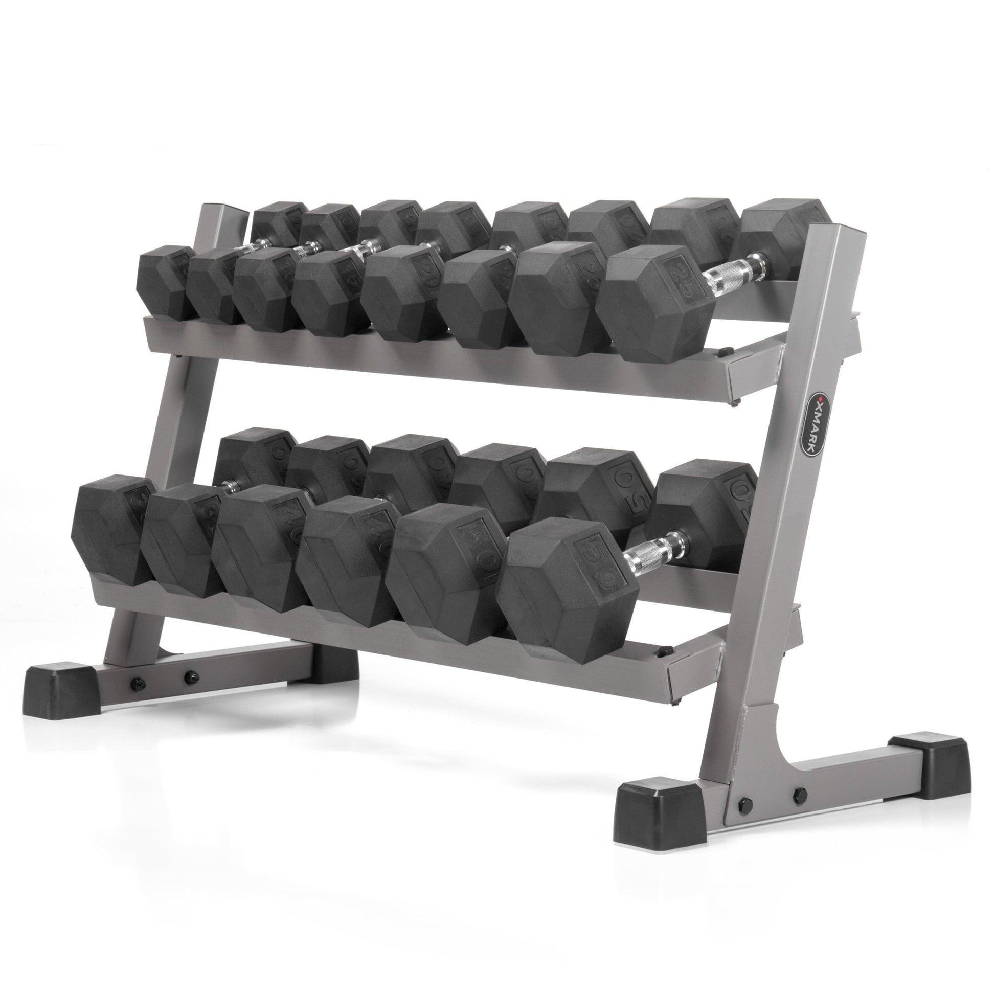 XMark 10 to 50 lbs. Rubber Hex Dumbbell Pairs Includes 2-Tier Storage Rack -  product_vendor - Peak Primal Wellness