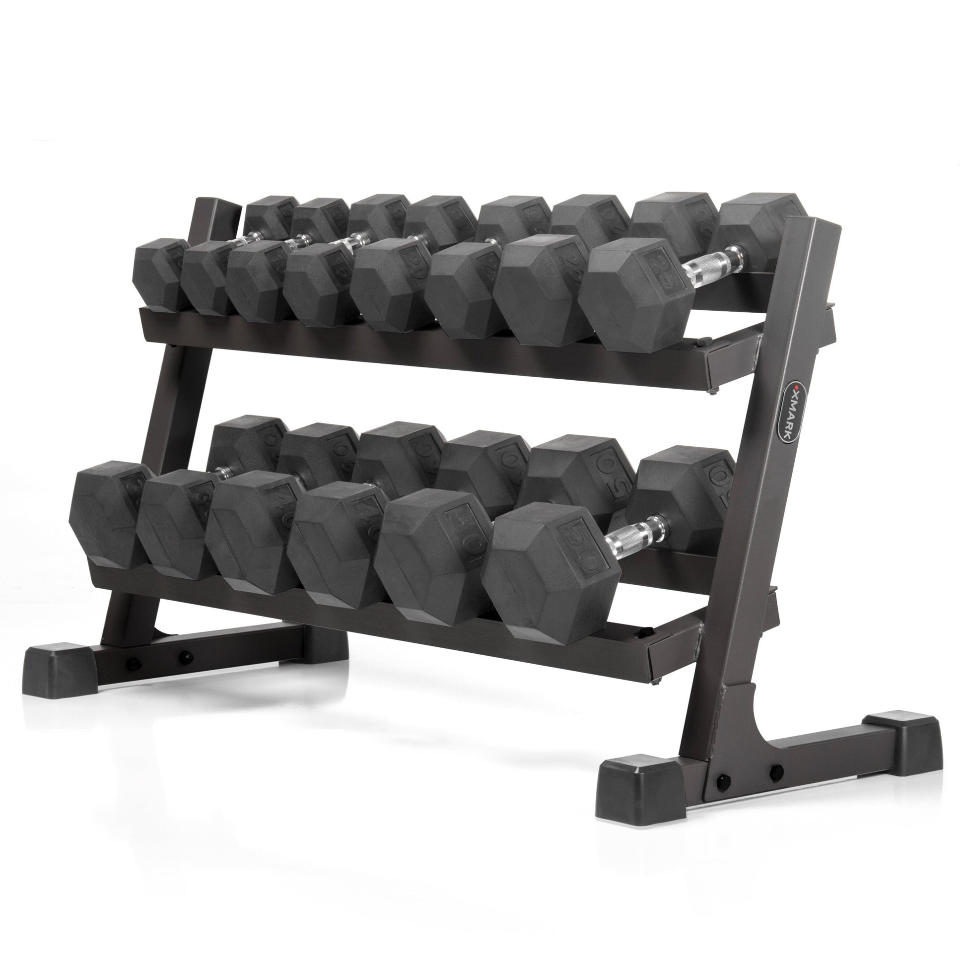 XMark 10 to 50 lbs. Rubber Hex Dumbbell Pairs Includes 2-Tier Storage Rack -  product_vendor - Peak Primal Wellness