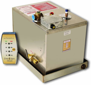 ThermaSol DS-150 10kW steam bath generator in a spa setting, highlighting its capability to service up to four steam enclosures.