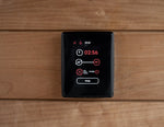 Saunum AirIQ Wi-Fi Control Panel showcasing customizable sauna management features including temperature and humidity controls.