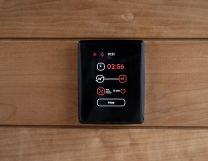 Saunum AirIQ Wi-Fi Control Panel showcasing customizable sauna management features including temperature and humidity controls.