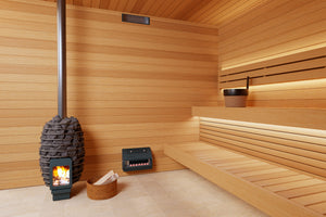 Saunum AirSolo Wall Sauna Heater in adjustable height from 66.5" to 90.5", featuring Himalayan salt spheres for enhanced comfort.