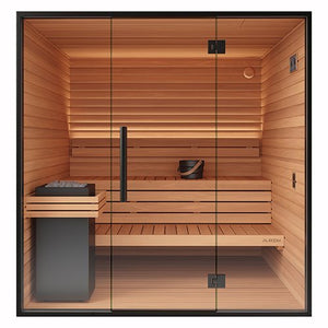 Auroom Mira L 5-Person Outdoor Traditional Sauna Cabin Kit w/ Black Thermo-Spruce Wood -  product_vendor - Peak Primal Wellness