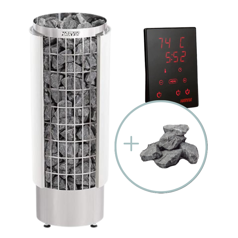 Harvia Cilindro PC60E 6kW Sauna Heater 200 lbs Stone Capacity showcasing its elegant pillar design in a sauna setting.