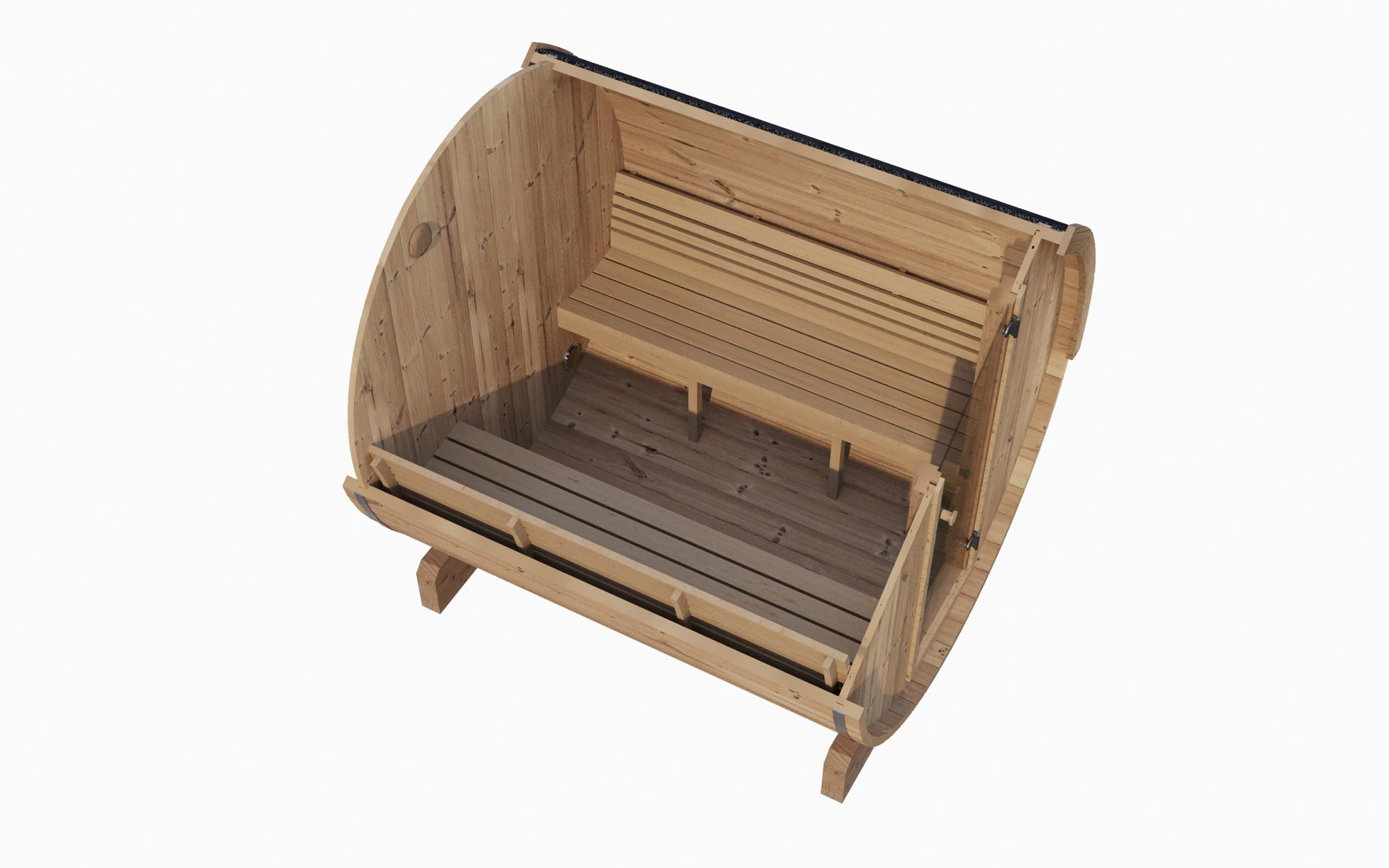 SaunaLife Ergo Series E6 3 Person Traditional Outdoor Sauna Barrel featuring eco-friendly Thermo-Spruce design and spacious interior.