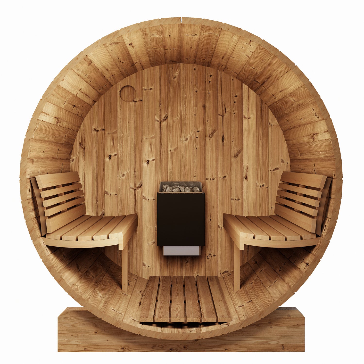 Interior view of SaunaLife Ergo Series E6, showcasing ergonomic Thermo-Aspen benches and ample space for 3 people.