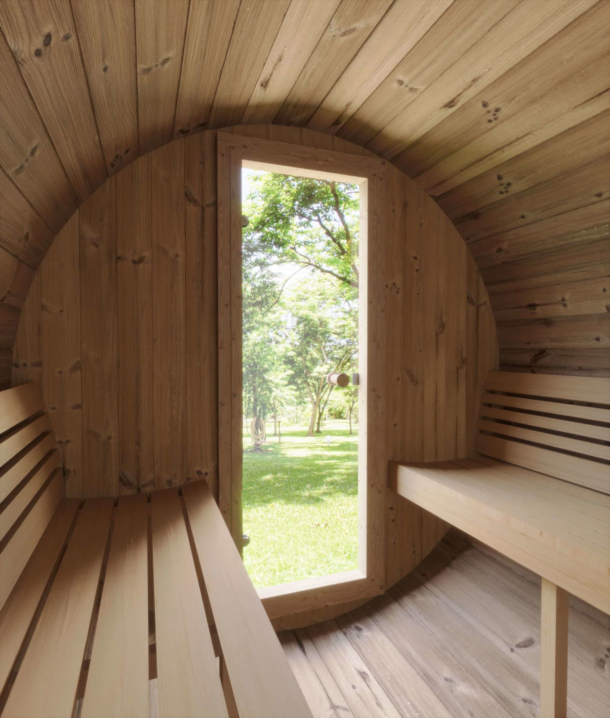 Close-up of the durable Thermo-Spruce wood in SaunaLife Ergo Series E6 Outdoor Sauna Barrel.