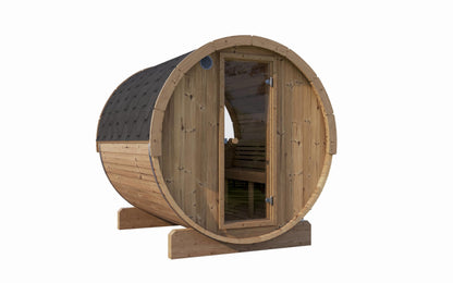 SaunaLife Ergo-Series E7W Outdoor Sauna - 3-Person Barrel with Panoramic Glass Window