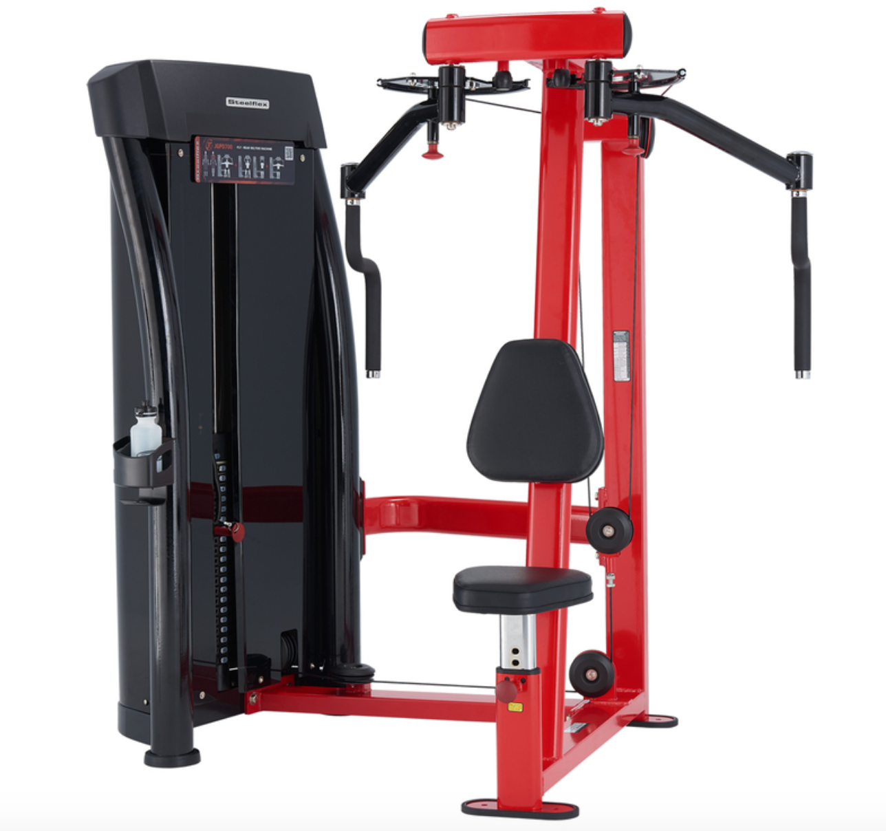 Steelflex JGPD700 Chest and Rear Delt Fly machine showcasing adjustable handles and comfortable upholstery, perfect for targeting chest and rear deltoid muscles in commercial fitness environments.