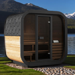 SaunaLife Cube-Series CL5G Outdoor Sauna with Glass Wall and Smart Lighting for Ultimate Relaxation