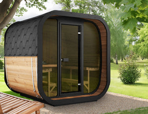 SaunaLife Cube-Series CL7G Outdoor Sauna with Glass Front, Thermo-Aspen & App-Controlled LED Lighting