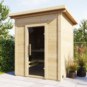 Outdoor sauna from SaunaLife featuring the G2 4 Person model made of 1.65" thick spruce, ideal for relaxation and wellness