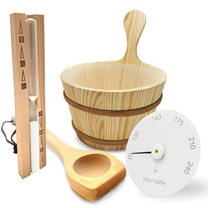 SaunaLife 1-Gallon Bucket and Handcrafted Abachi Wood Ladle Set with Sand Timer and Thermometer