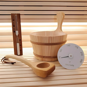 SaunaLife 1-Gallon Bucket and Handcrafted Abachi Wood Ladle Set with Sand Timer and Thermometer