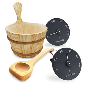 SaunaLife Accessory Package 3 - Wooden Bucket, Ladle, Thermometer & Hygrometer Set