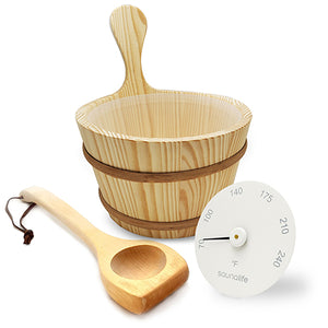 SaunaLife Accessory Package 4: Wooden Bucket, Ladle & Fahrenheit Thermometer for Ultimate Relaxation