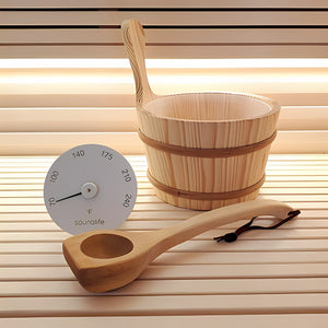 SaunaLife Accessory Package 4: Wooden Bucket, Ladle & Fahrenheit Thermometer for Ultimate Relaxation