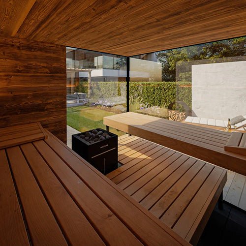 ThermaSol Ombra 5 Person Outdoor Traditional Sauna Cabin with Lounge & Bronze Glass -  product_vendor - Peak Primal Wellness