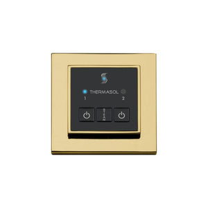Close-up of ThermaSol ESM Steam Shower Control three-button keypad highlighting modern design and compatibility with Signature Series.