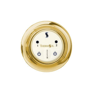 Close-up of the ThermaSol EST Steam Shower Control Easy Start Series, showcasing the durable billet aluminum finish and 2 LED function lights.