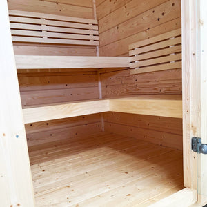 SaunaLife G2 4 Person Outdoor Traditional Sauna featuring durable 1.65 inch thick spruce construction and versatile heating options.