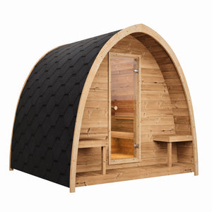 SaunaLife G3 6 Person Outdoor Traditional Home Sauna Kit showcasing its unique parabolic roof design for optimum heat circulation.