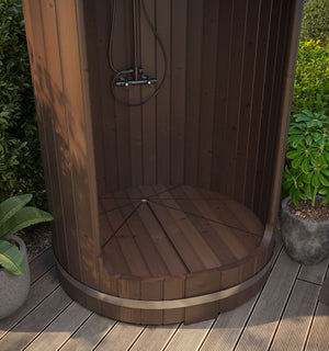 SaunaLife RAIN-Series Model R3 Barrel Shower - Eco-Friendly Thermo-Spruce, Dual-Head System