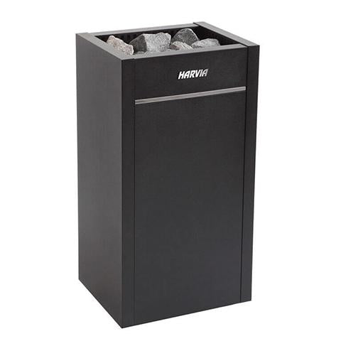 Close-up of Harvia Virta HL110E sauna heater showcasing the deep stone compartment for efficient heating and authentic Harvia AC3020 stones.